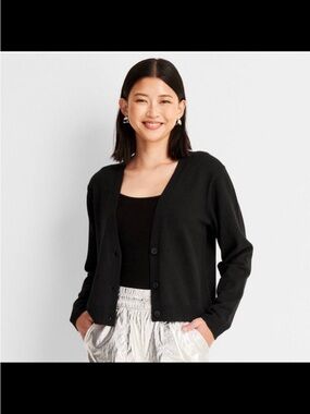 A New Day Black V-Neck Button Cardigan Sweater - Women